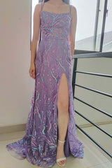 Lilac Mermaid Spaghetti Straps Long Prom Dress with Slit