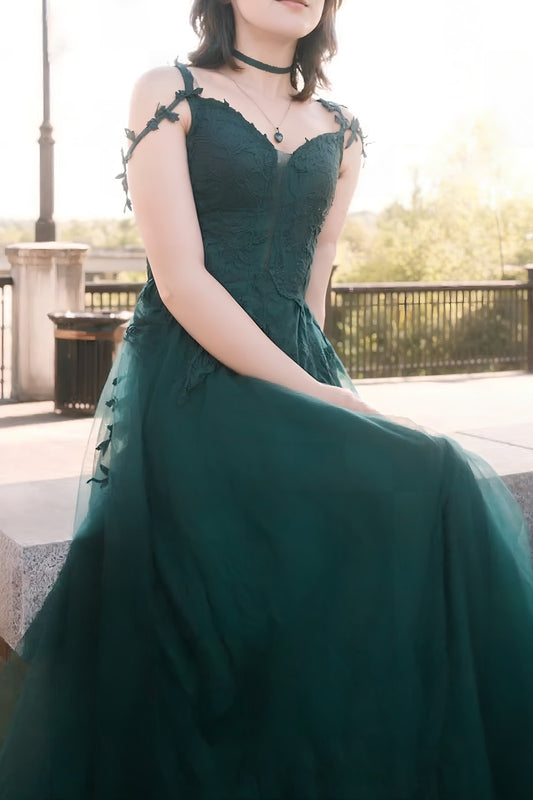 Dark Green A Line Spaghetti Straps Long Prom Dress with Appliques