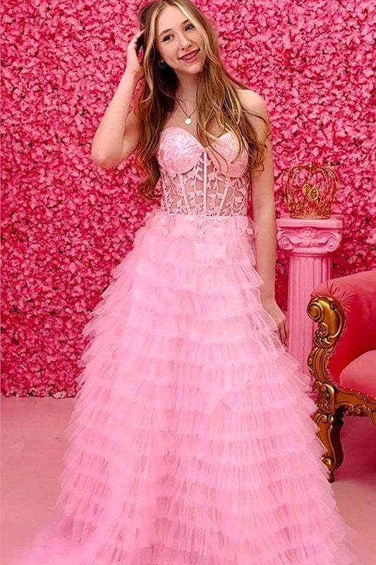 Pink A-Line Sweetheart Tiered Long Corset Prom Dress with Lace Appliques