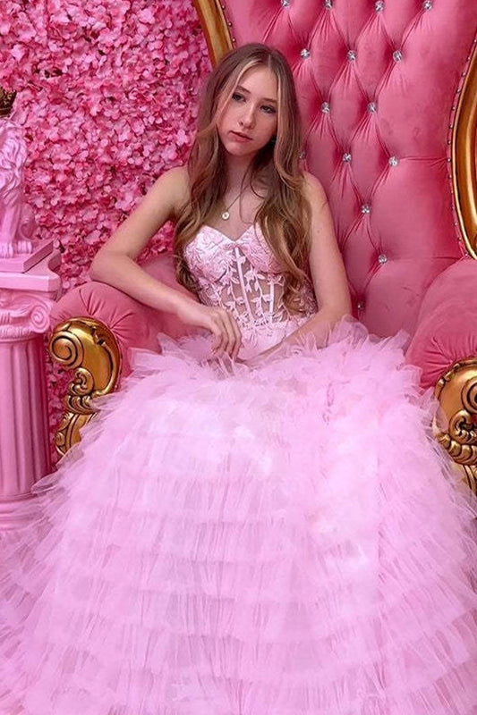 Pink A-Line Sweetheart Tiered Long Corset Prom Dress with Lace Appliques