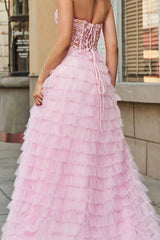 Pink A-Line Sweetheart Tiered Long Corset Prom Dress with Lace Appliques