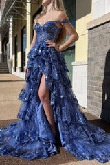 Blue Prom Dress Off The Shoulder Tiered Lace Evening Dress