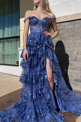 Blue Prom Dress Off The Shoulder Tiered Lace Evening Dress