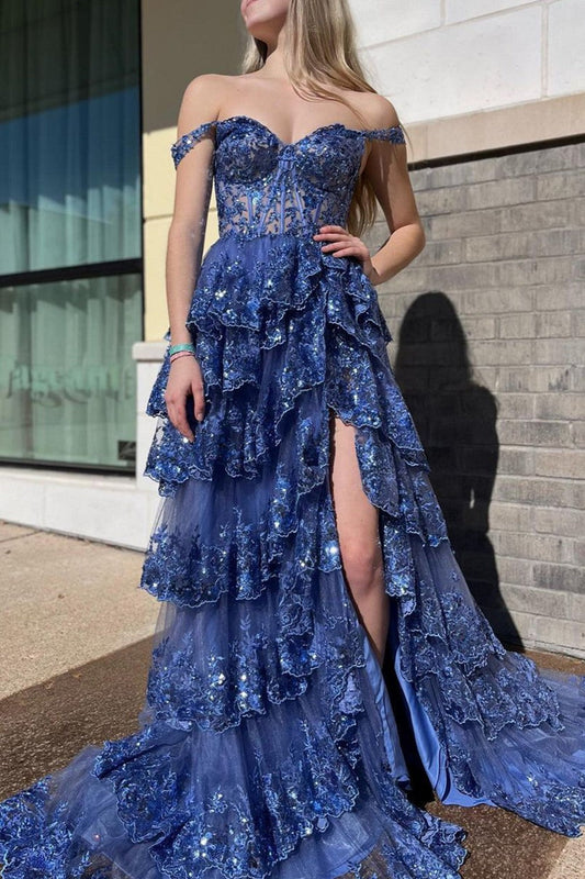 Royal Blue Prom Dress Off The Shoulder Tiered Lace Evening Dress