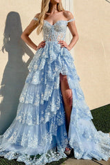 Royal Blue Prom Dress Off The Shoulder Tiered Lace Evening Dress