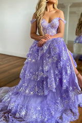 Royal Blue Prom Dress Off The Shoulder Tiered Lace Evening Dress