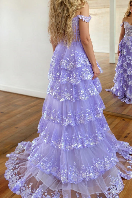 Lilac Prom Dress Off The Shoulder Tiered Lace Evening Dress