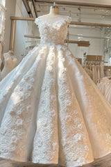 Ivory Wedding Dress Crew Neck Ball Gown Bridal Dress with Court Train