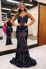 Navy Spaghetti Straps Prom Dress Sequined Mermaid Evening Dress