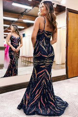 Navy Spaghetti Straps Prom Dress Sequined Mermaid Evening Dress