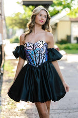 Black Sweetheart Neck Homecoming Dress A Line Short Cocktail Dress with Sleeves