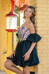 Black Sweetheart Neck Homecoming Dress A Line Short Cocktail Dress with Sleeves