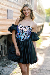 Black Sweetheart Neck Homecoming Dress A Line Short Cocktail Dress with Sleeves