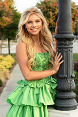 Green Strapless Homecoming Dress Tiered A Line Beaded Cocktail Dress