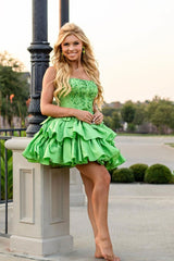 Green Strapless Homecoming Dress Tiered A Line Beaded Cocktail Dress