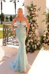 Blue Spaghetti Straps Prom Dress Mermaid Beaded Appliques Evening Dress