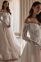 Ivory Tulle Wedding Dress A Line Long Sleeves Corset Bridal Dress