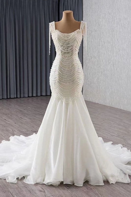 Ivory Mermaid Wedding Dress Tulle Bridal Dress with Imitation Pearls