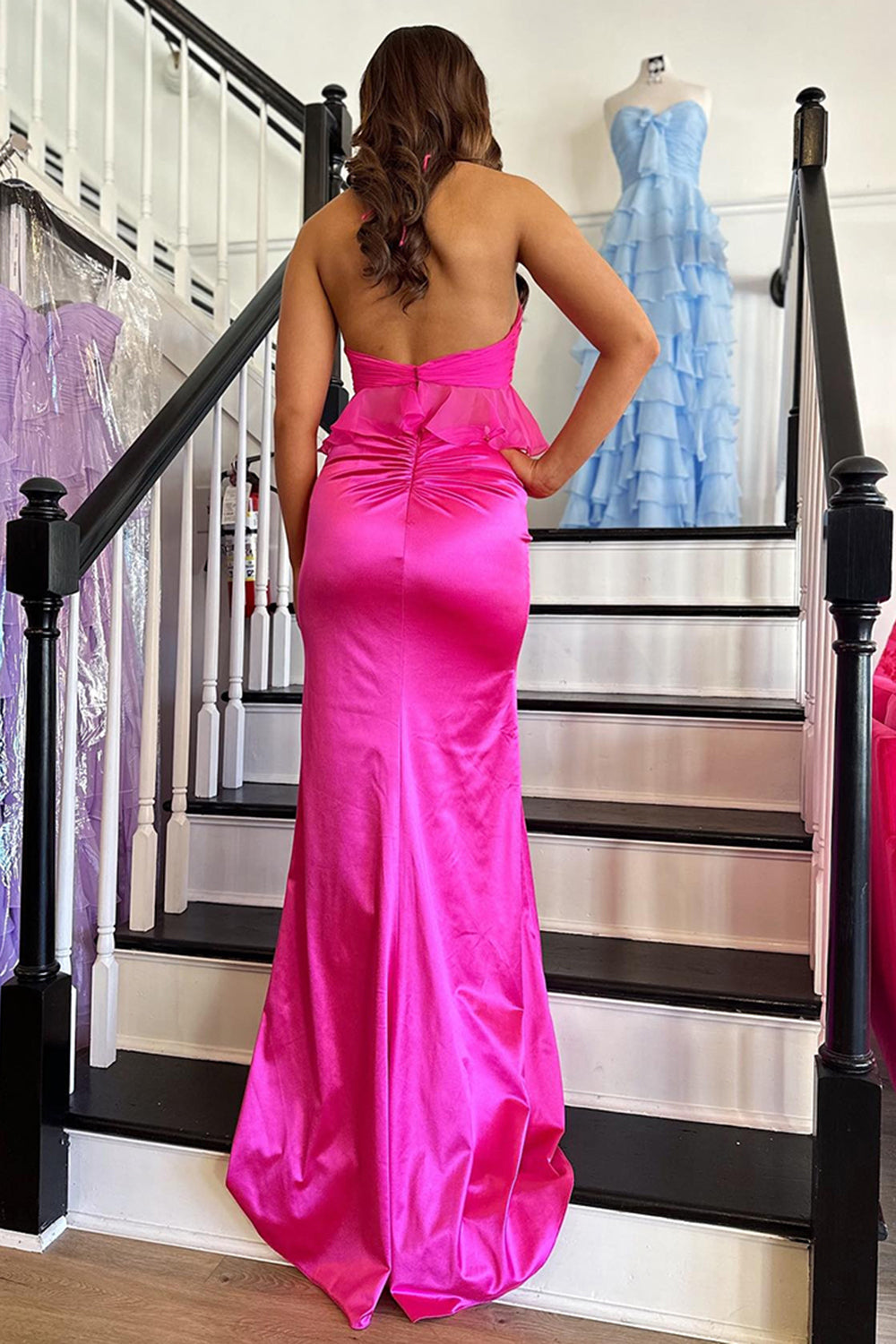 Halter Fuchsia Prom Dress Mermaid Satin Formal Dress