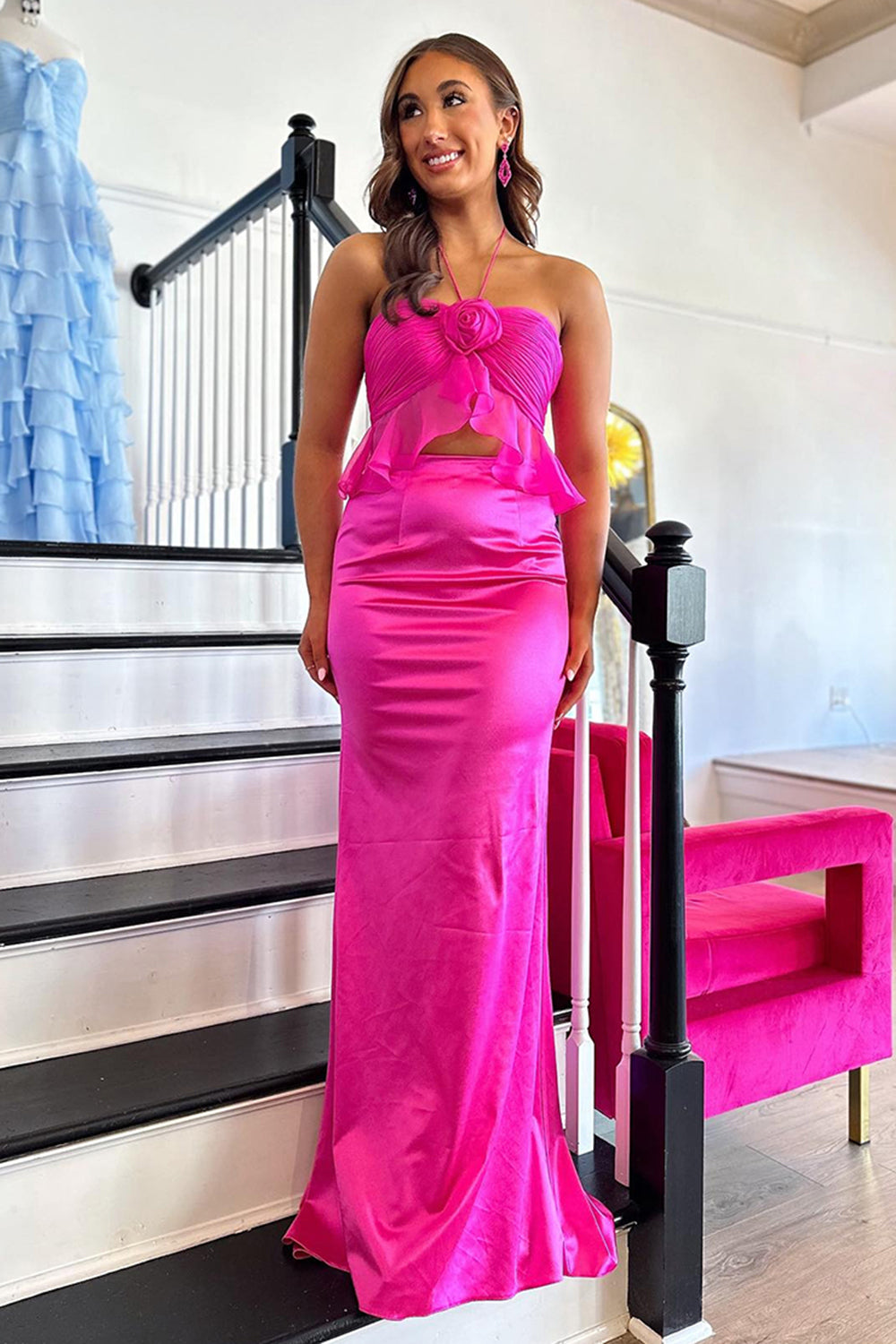 Halter Fuchsia Prom Dress Mermaid Satin Formal Dress