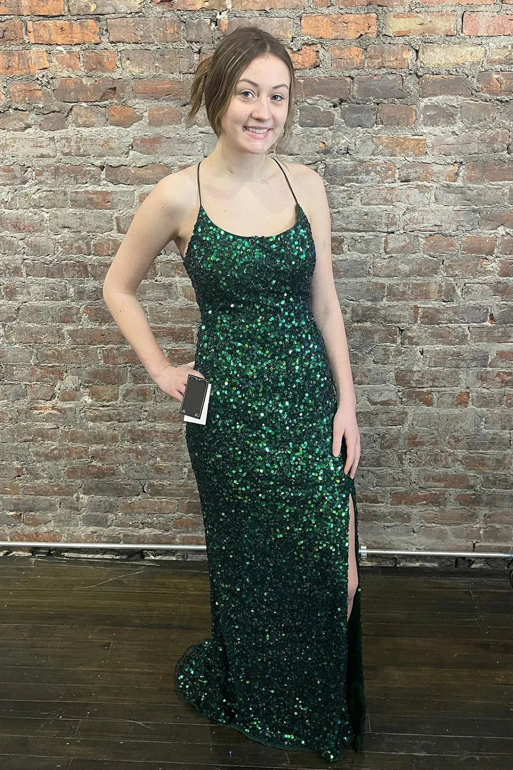 Halter Lace Up Back Sequin Prom Dress With Slit