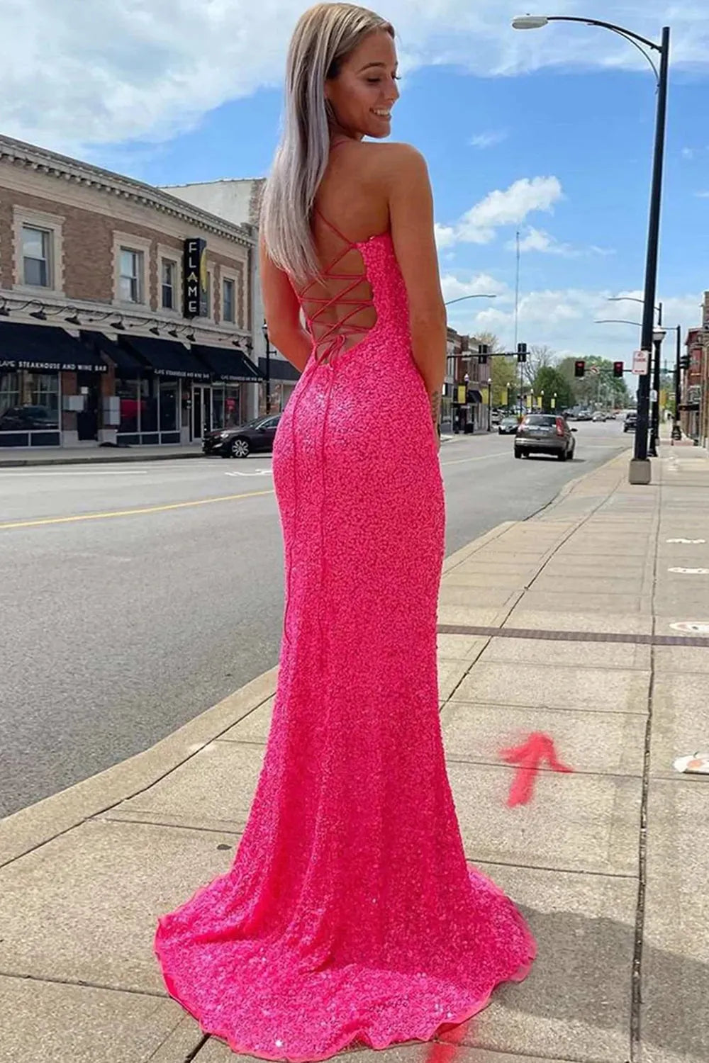 Halter Lace Up Back Sequin Prom Dress With Slit