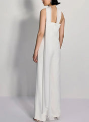 Halter Neck Sleeveless Floor Length Chiffon Elastic Satin Wedding Jumpsuit