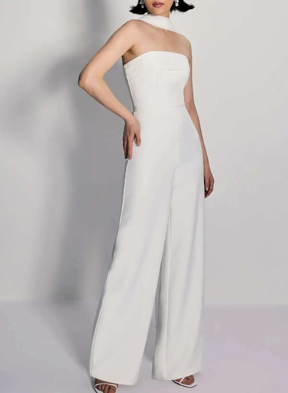 Halter Neck Sleeveless Floor Length Chiffon Elastic Satin Wedding Jumpsuit