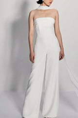 Halter Neck Sleeveless Floor Length Chiffon Elastic Satin Wedding Jumpsuit