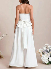 Halter Neck Sleeveless Floor Length Elastic Satin Wedding Jumpsuit with Bow
