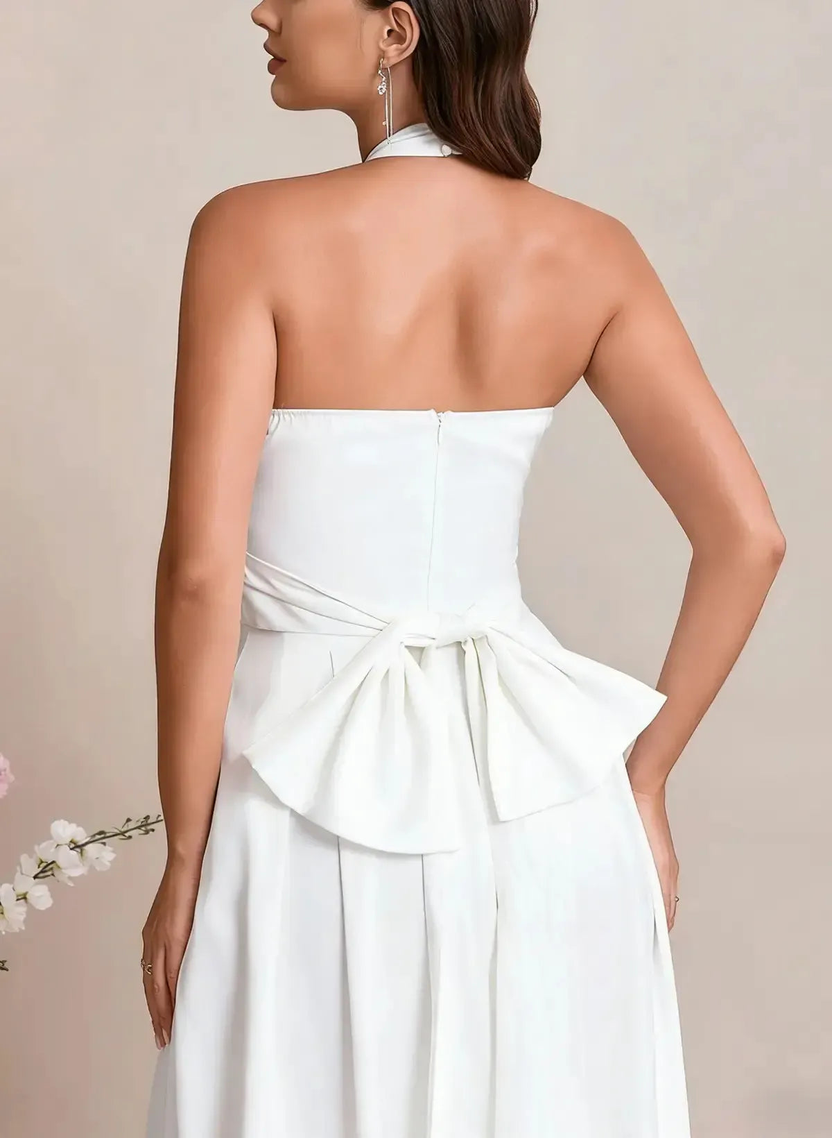 Halter Neck Sleeveless Floor Length Elastic Satin Wedding Jumpsuit with Bow