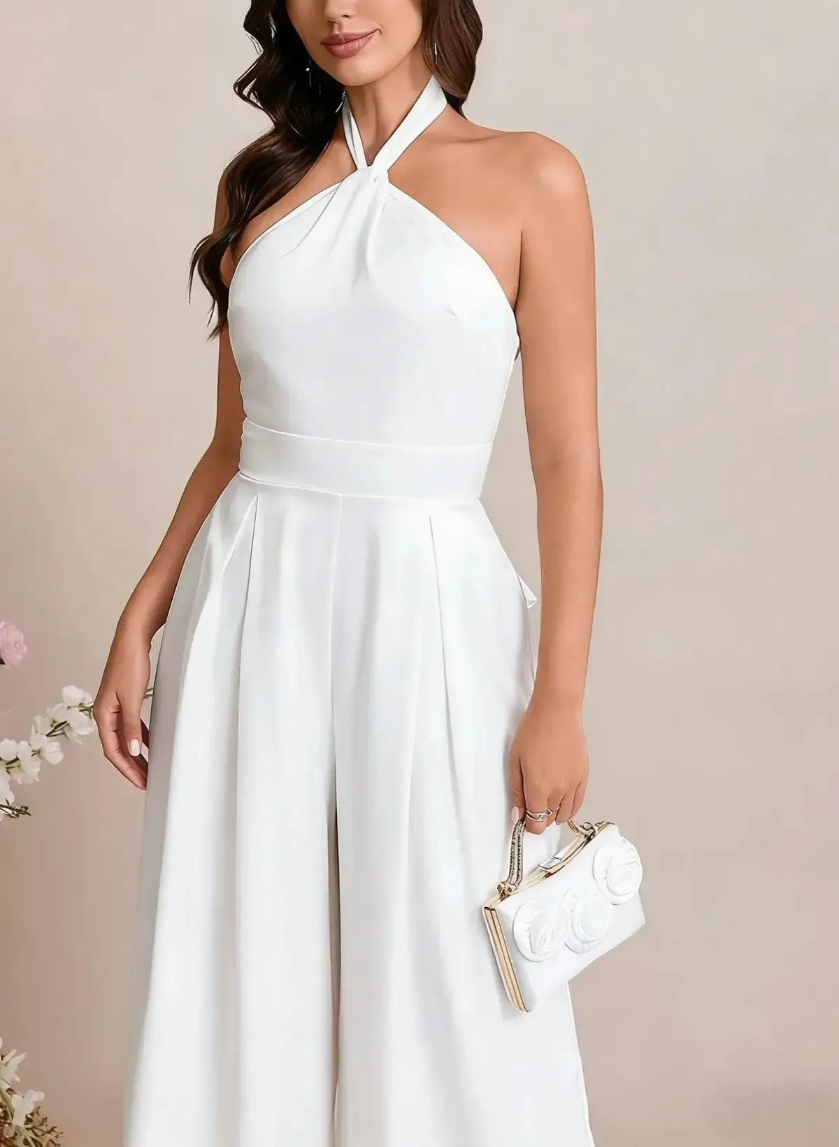 Halter Neck Sleeveless Floor Length Elastic Satin Wedding Jumpsuit with Bow