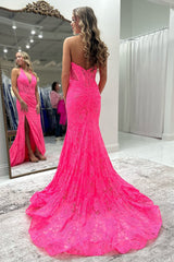 Halter Pink Prom Dress Long Lace Formal Dress With Slit