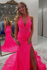 Halter Pink Prom Dress Long Lace Formal Dress With Slit