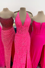 Halter Pink Prom Dress Long Lace Formal Dress With Slit