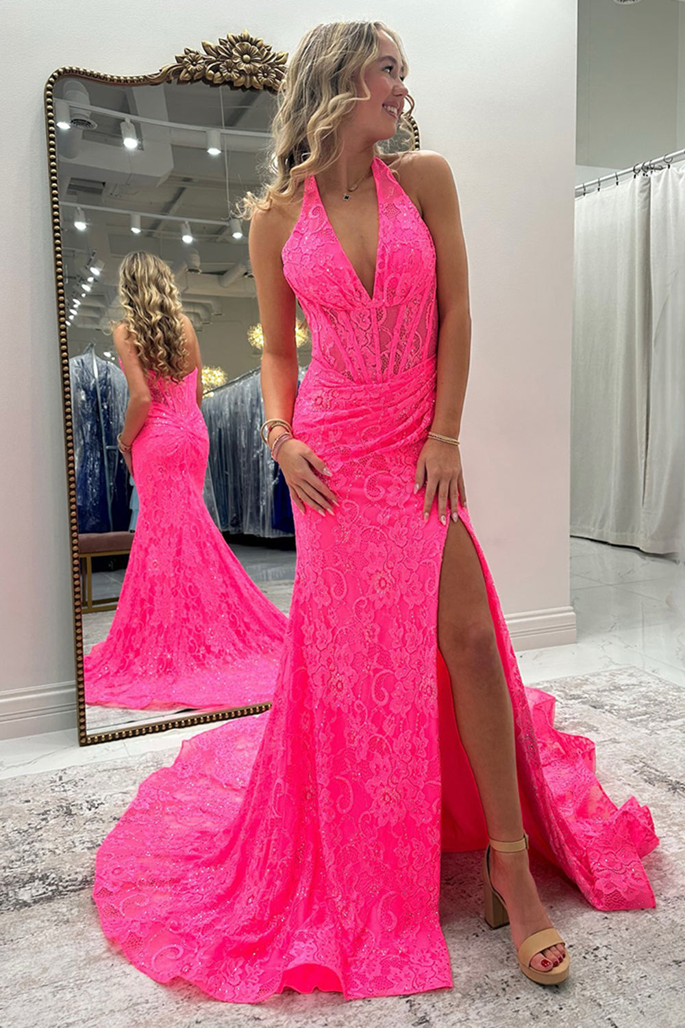 Halter Pink Prom Dress Long Lace Formal Dress With Slit