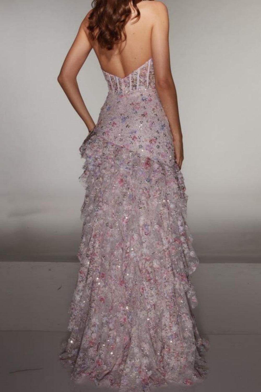 Halter Sequin Prom Dress With Corset Bodice High Slit & Ruffle Skirt Formal Evening Gown