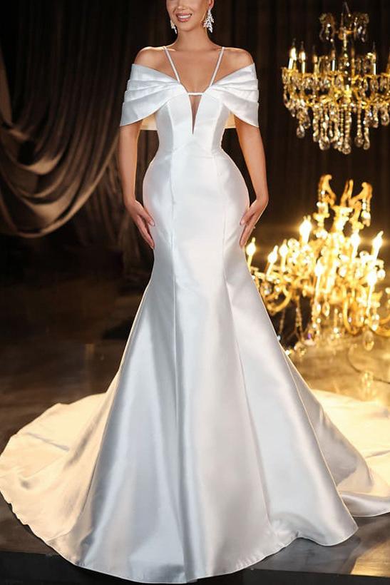 Dreamyannie Women Wedding Dress Halter Sleeveless Trumpet Mermaid Sweep  Train Satin Bridal Dress – Dreamyannie UK