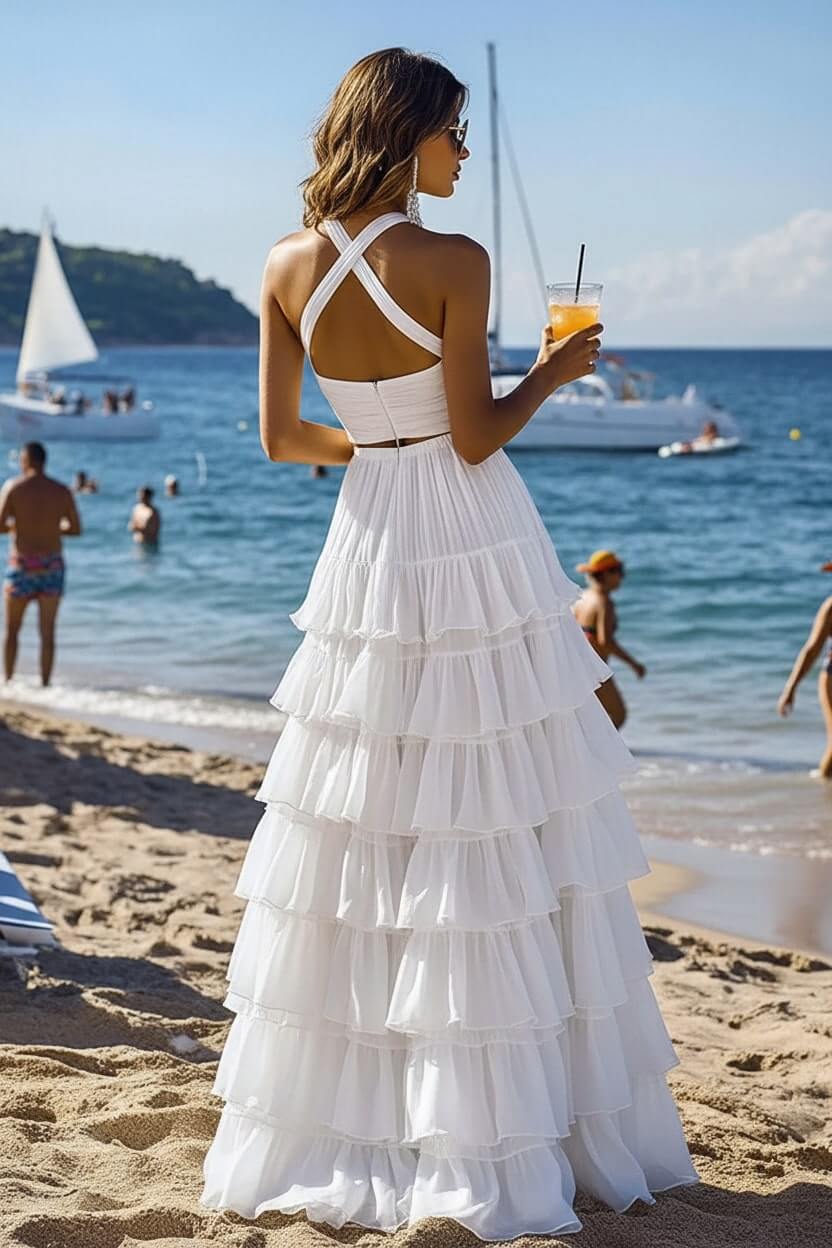 Dreamyannie Halter Tiered White 2 Piece Ruffled Formal Dress
