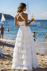 Dreamyannie Halter Tiered White 2 Piece Ruffled Formal Dress