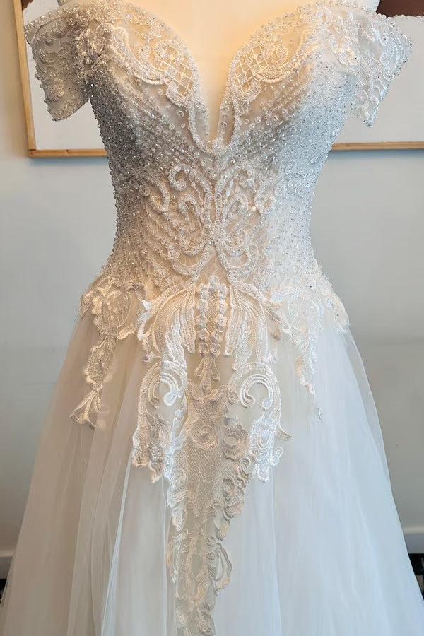 Handmade Beaded Off the Shoulder Wedding Dress Tulle A Line Bridal Gown