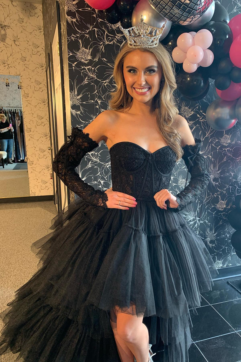 High Low Prom Dress Hot Pink Detachable Sleeves Corset Graduation Dress with Lace