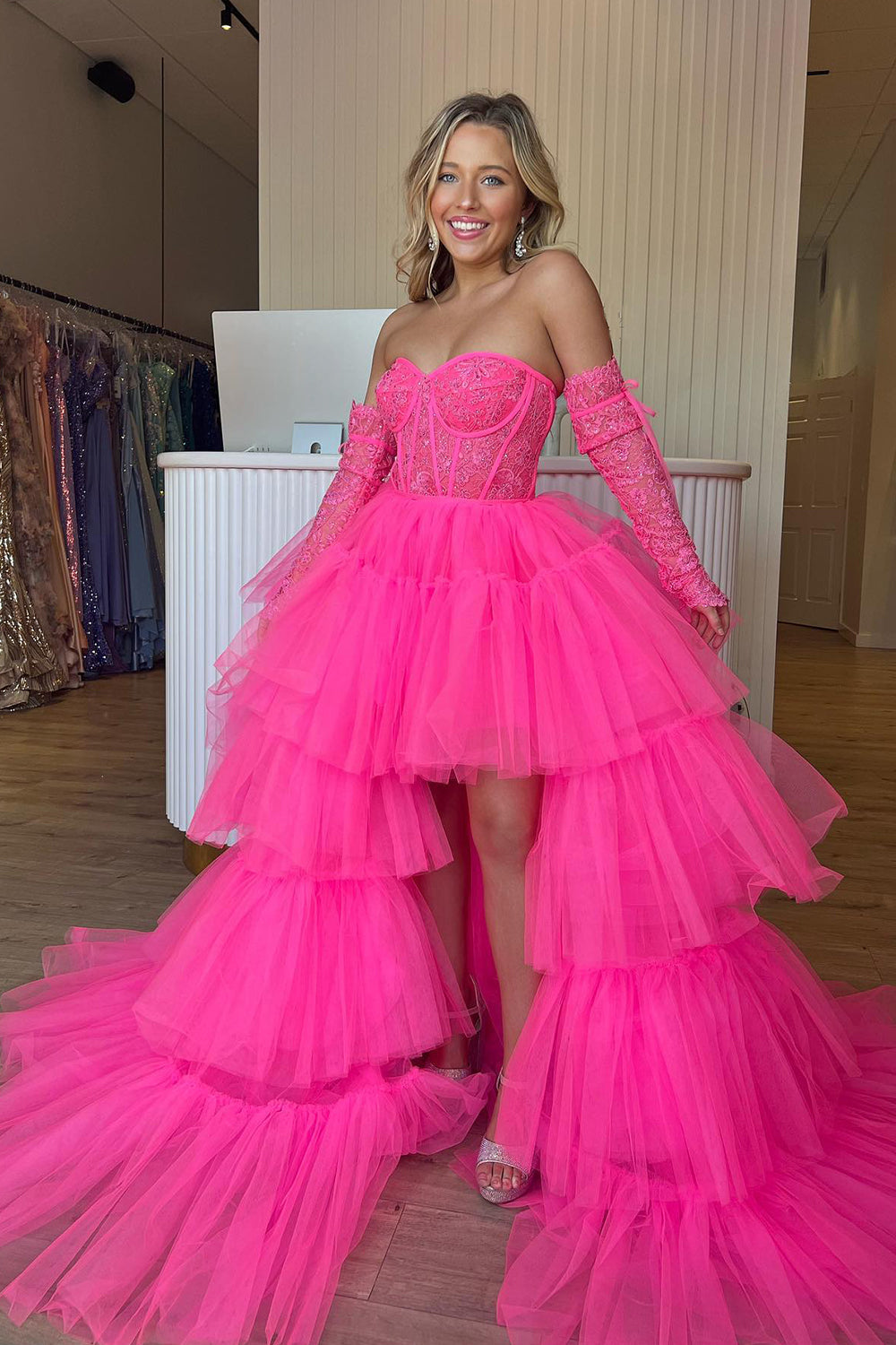 High Low Prom Dress Hot Pink Detachable Sleeves Corset Graduation Dress with Lace