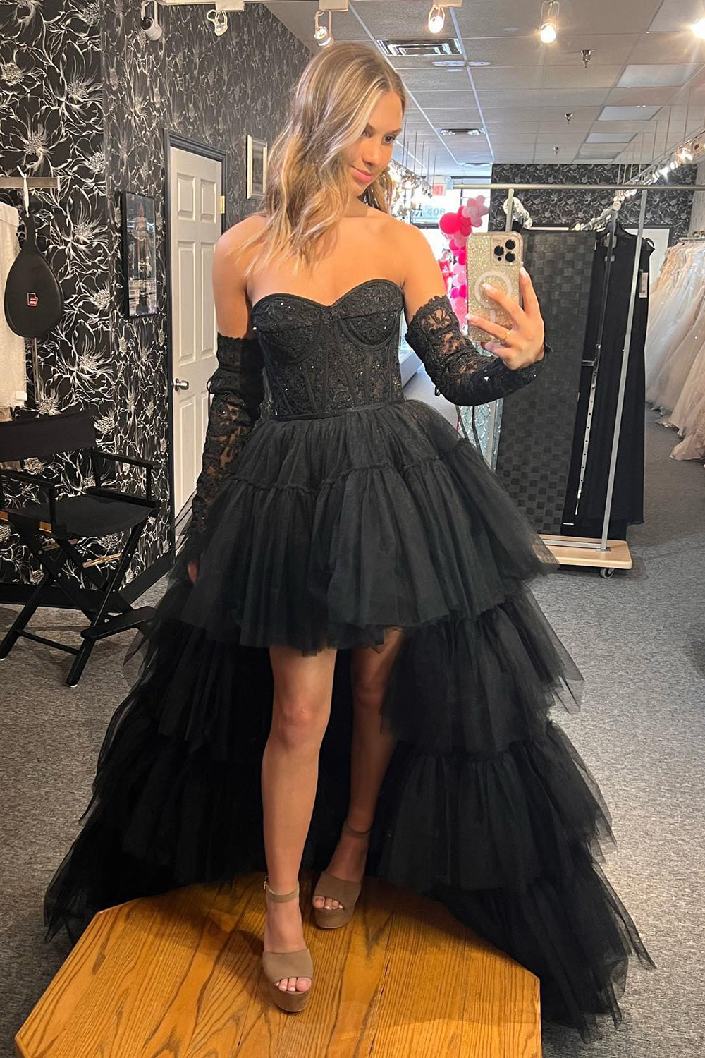 High Low Prom Dress Hot Pink Detachable Sleeves Corset Graduation Dress with Lace