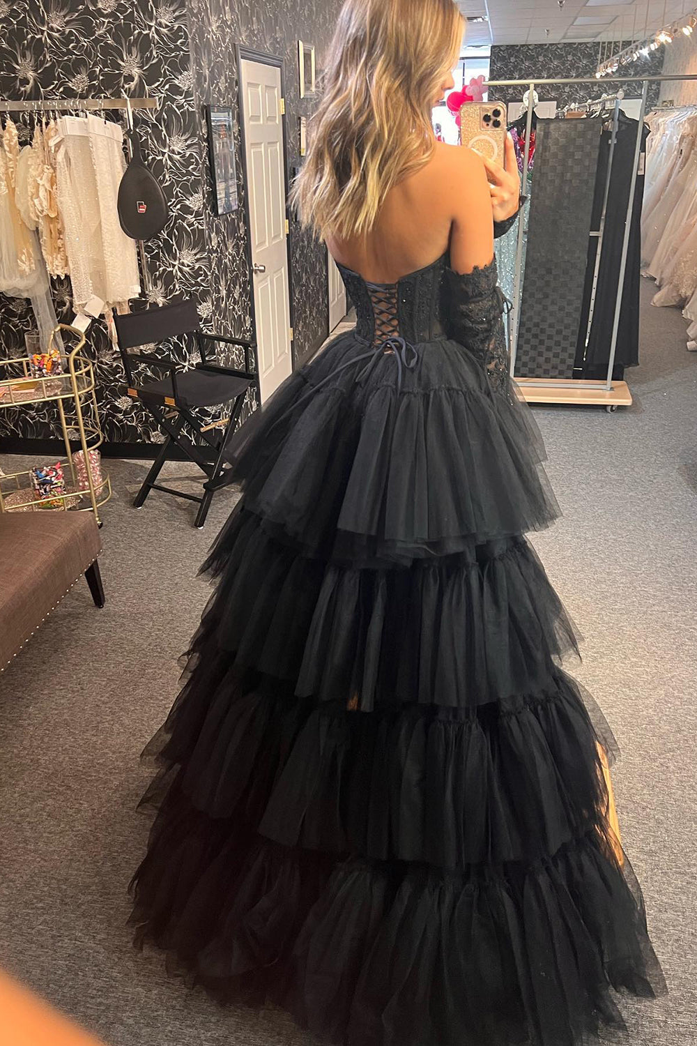 High Low Prom Dress Hot Pink Detachable Sleeves Corset Graduation Dress with Lace