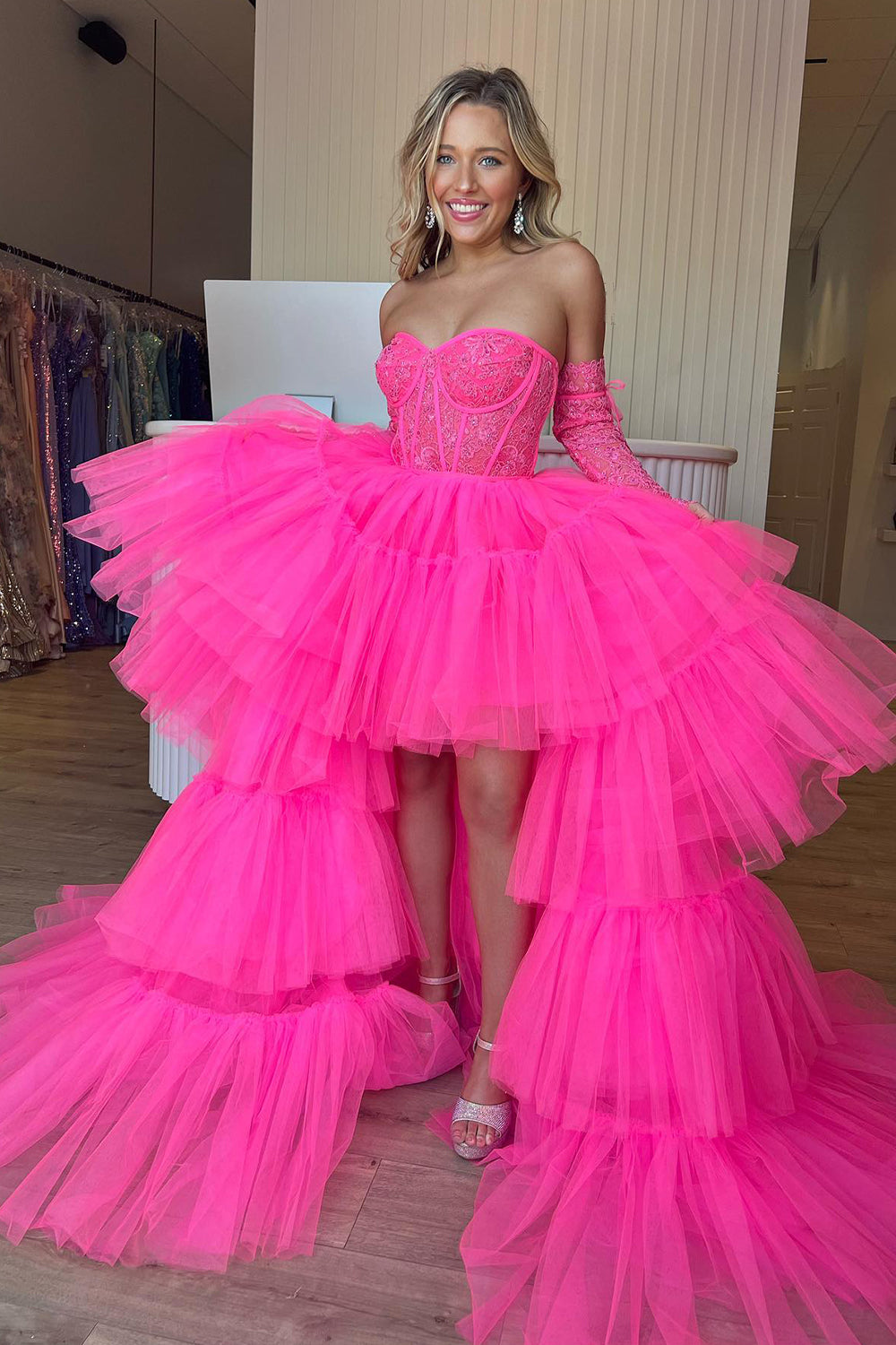 High Low Prom Dress Hot Pink Detachable Sleeves Corset Graduation Dress with Lace