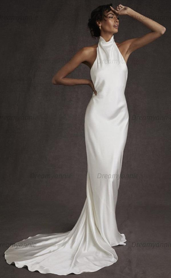 High Neck Beach Wedding Dress Mermaid Backless Beach Bridal Gown