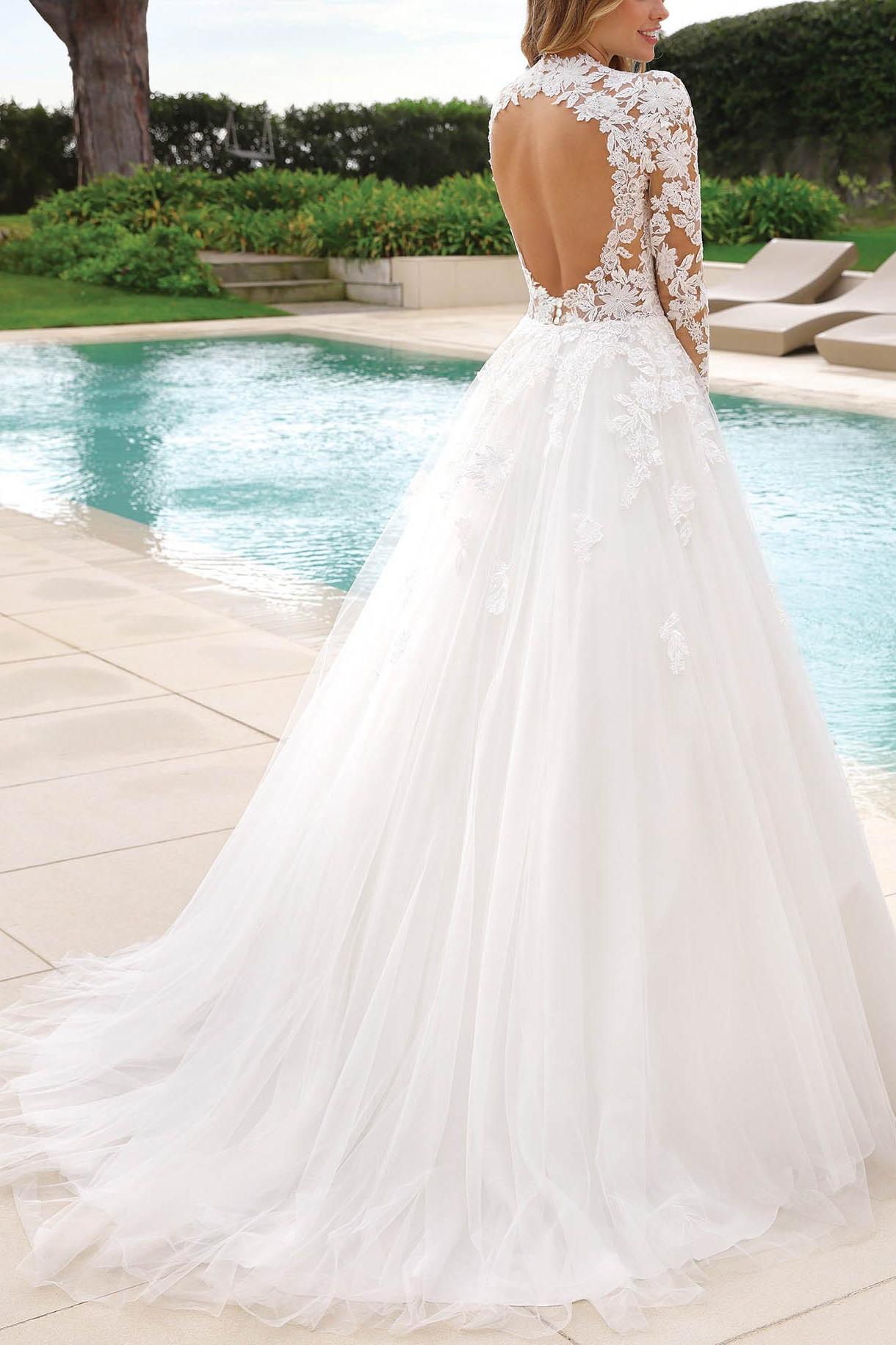 High Neck Lace Long Sleeves Ball-Gown Wedding Dresses