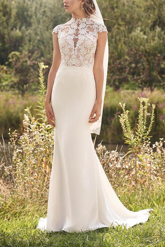 High Neck Lace/Elastic Satin Trumpet/Mermaid Beach Wedding Dresses