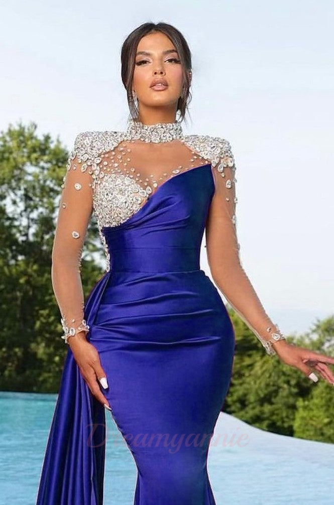 High-Neck Long Sleeve Formal Dresses Beaded Mermaid Satin Evening Dresses